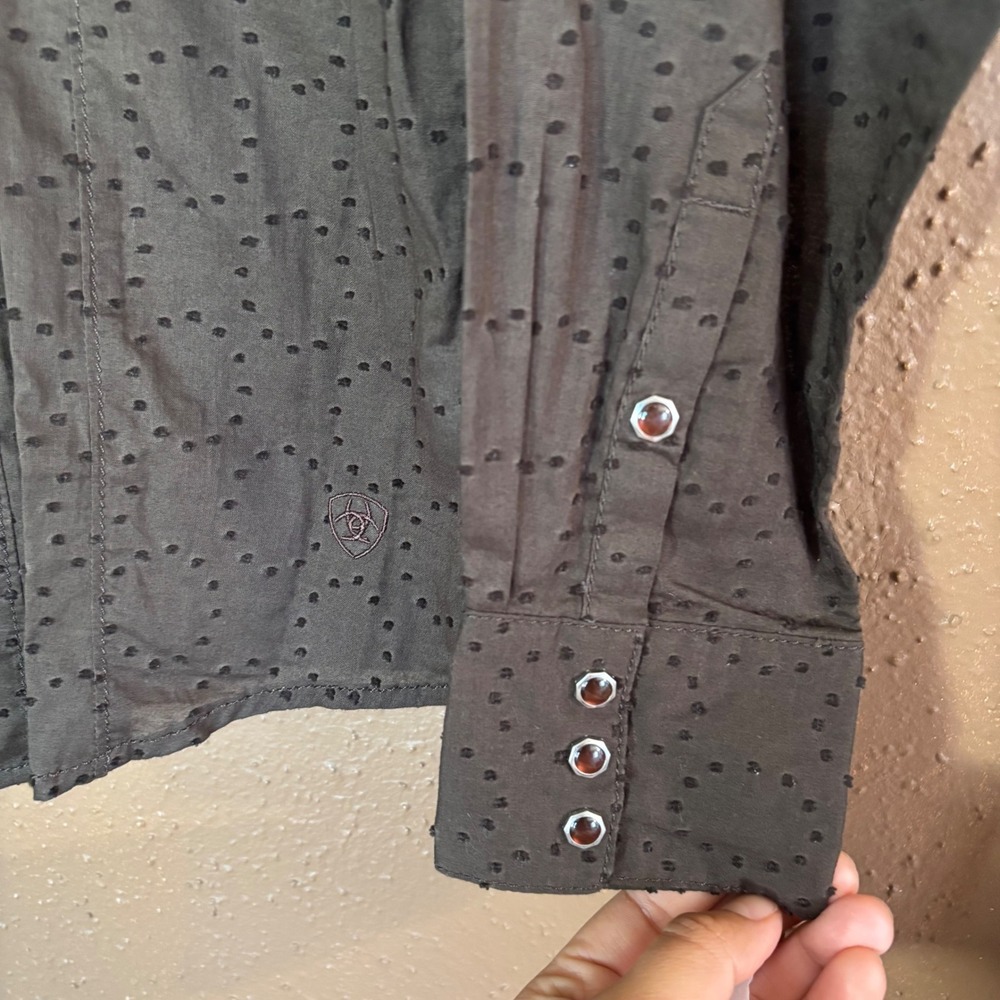 Ariat Womens Brown Swiss Dot Long Sleeve Western Snap Front Shirt Medium - Picture 3 of 9
